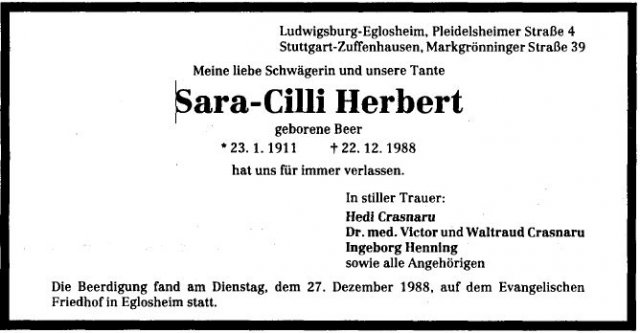 Beer Sara Cilli 1911-1988 Todesanzeige